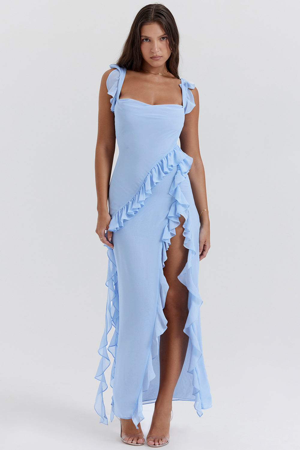 Ruffle Tie Strap High Split Maxi Dress