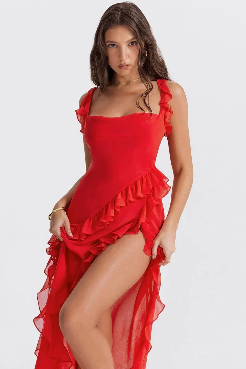 Chiffon Cowl Square Neck Ruffle Strap Cascading Ruffle High Split Maxi Dress 5