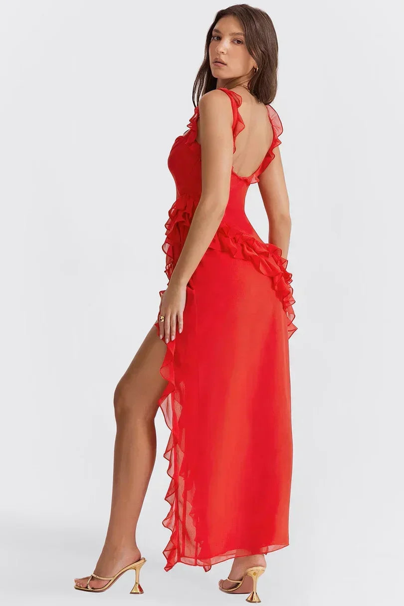 Chiffon Cowl Square Neck Ruffle Strap Cascading Ruffle High Split Maxi Dress 6