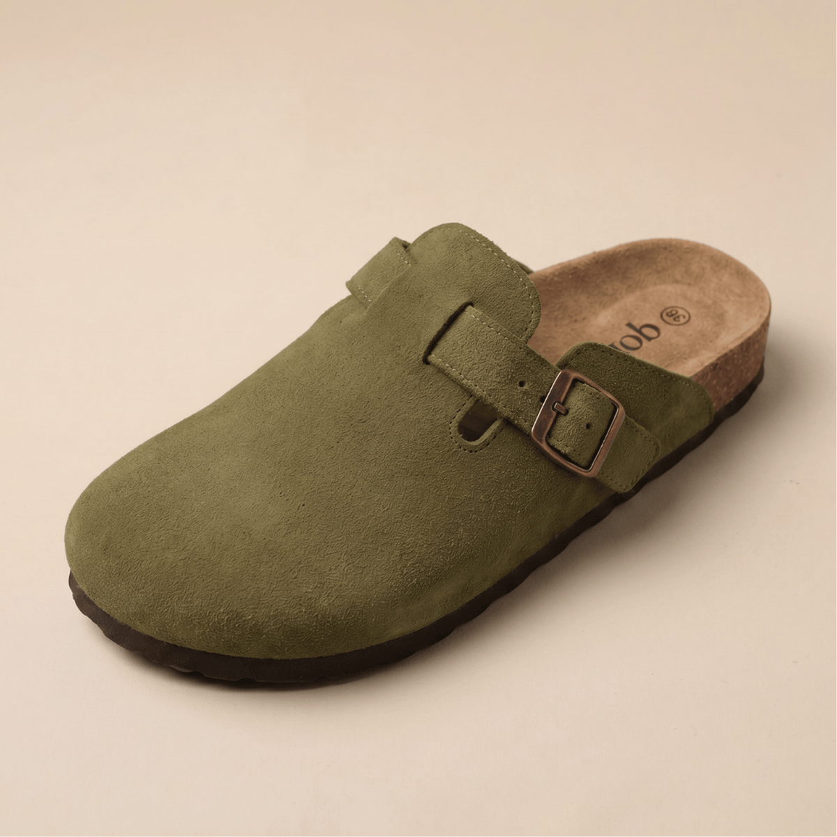 Suede Buckle Strap Closed Toe Clog Mules