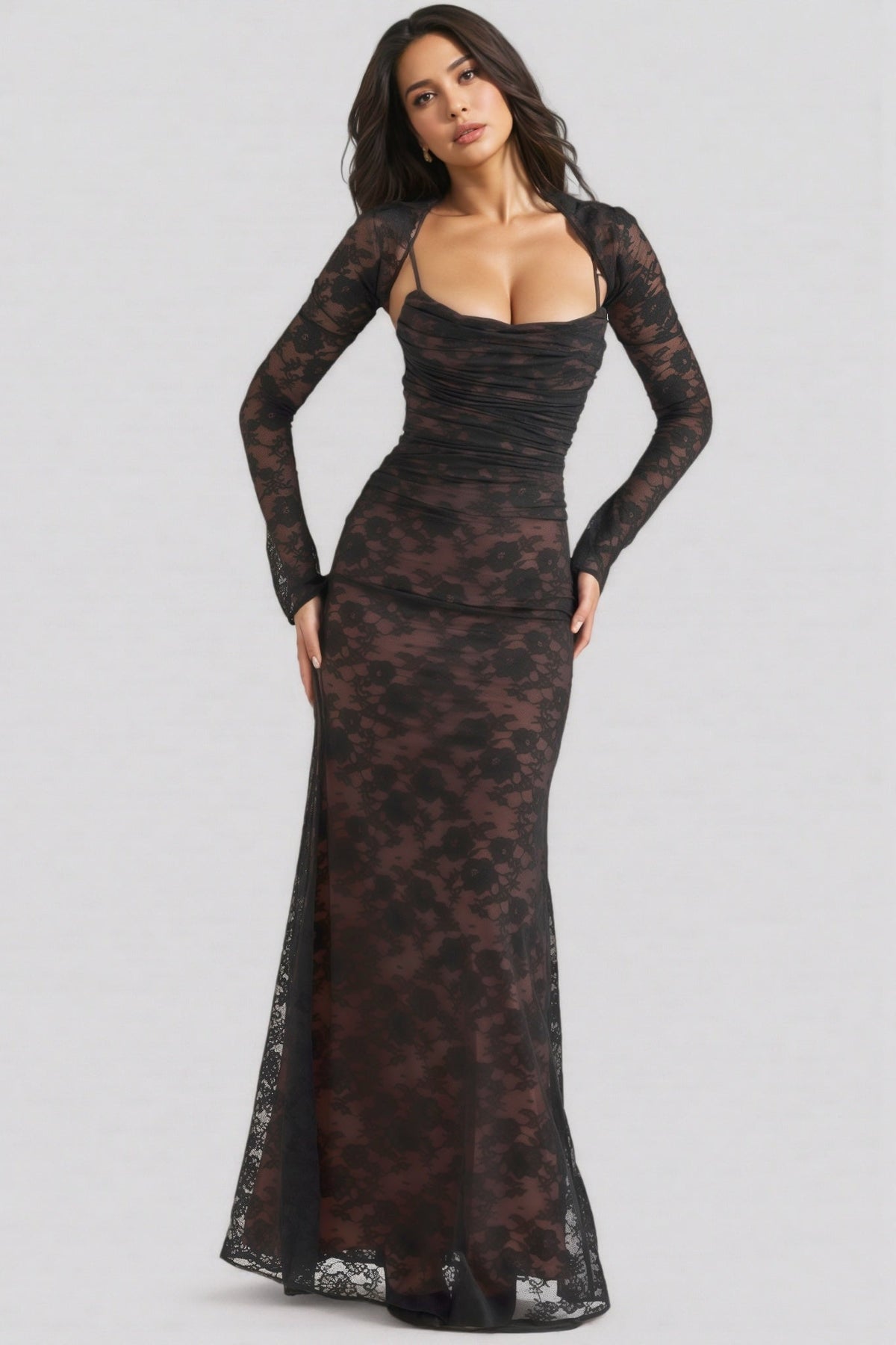 Sheer Floral Lace Square Neck Long Sleeve Ruched Bodice Maxi Dress 2