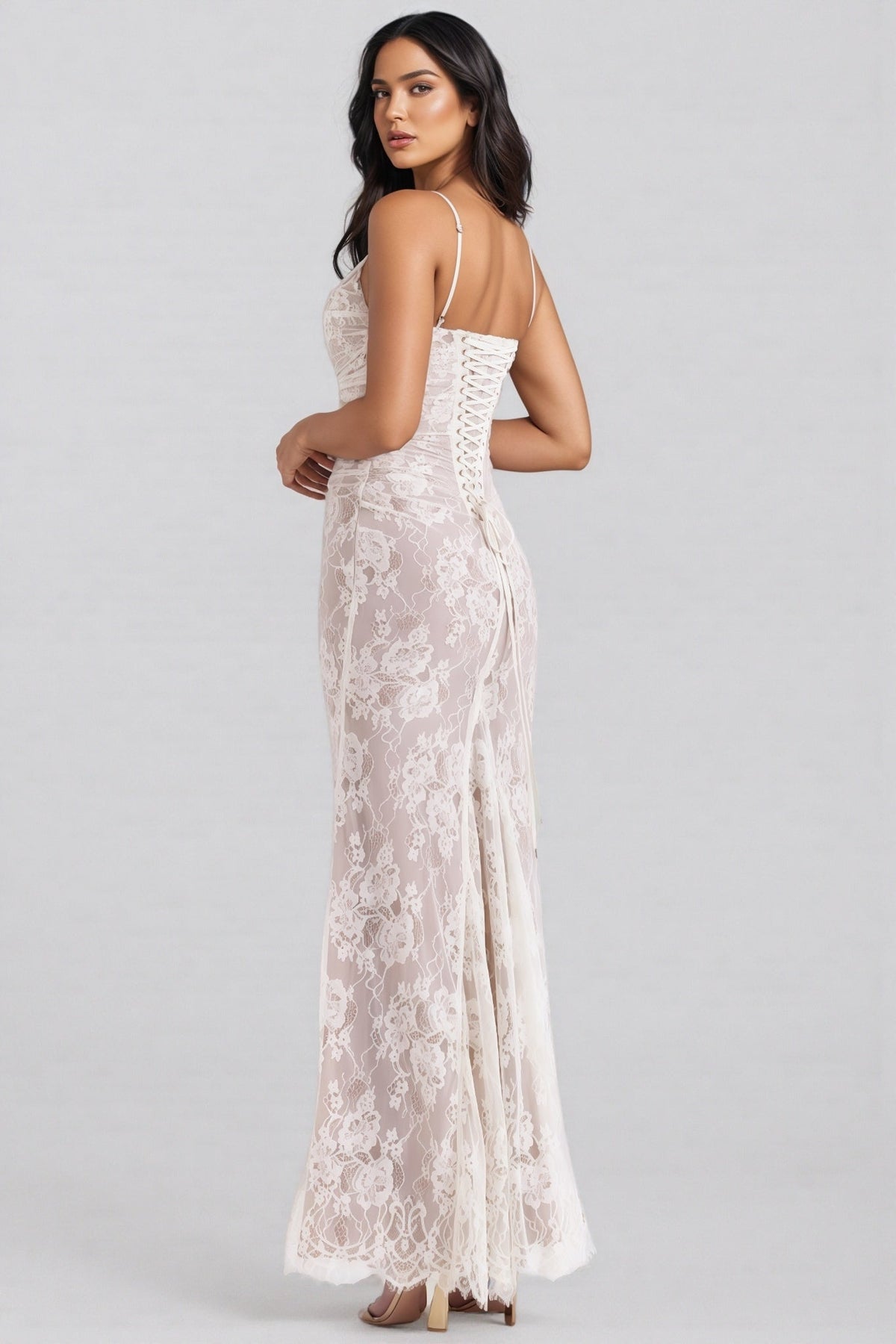Sheer Floral Lace Square Neck Long Sleeve Ruched Bust Maxi Dress 6