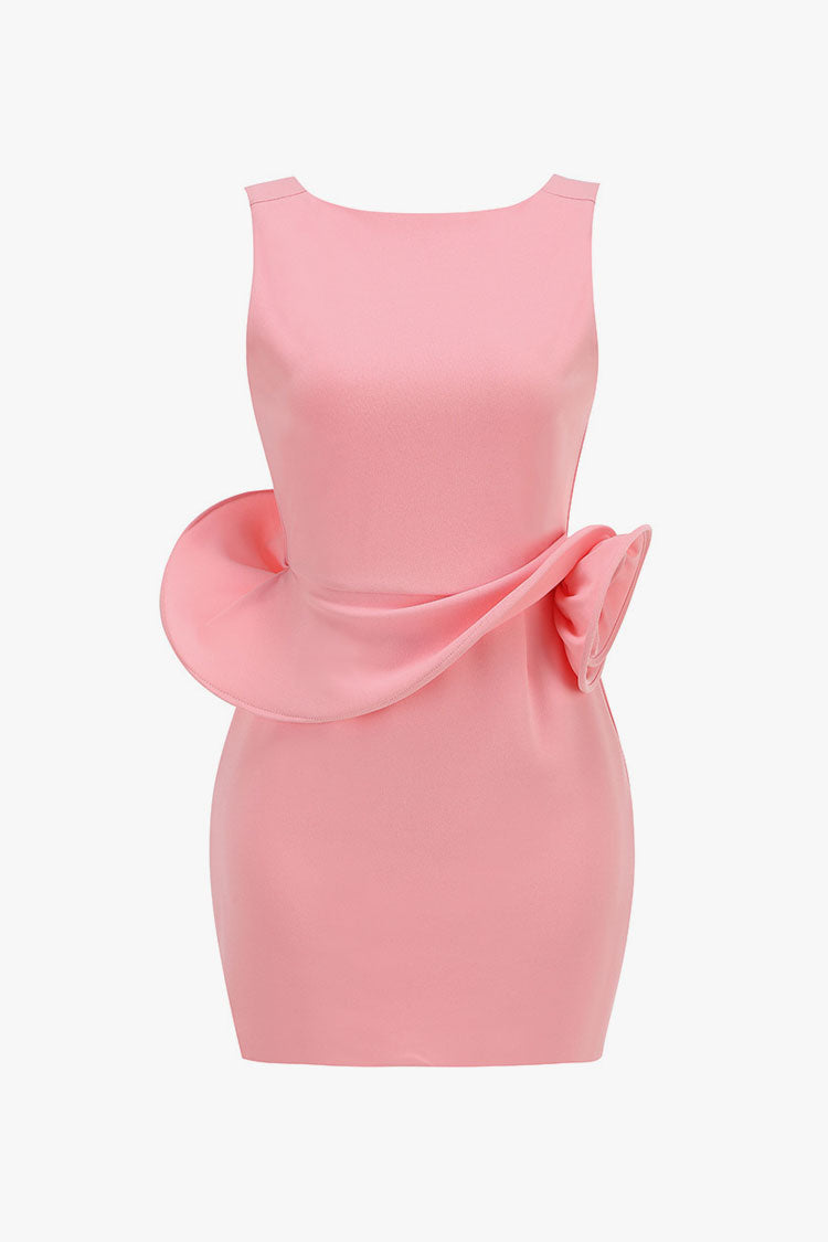 Artistic Crew Neck Backless Rosette Peplum Crepe Party Mini Dress