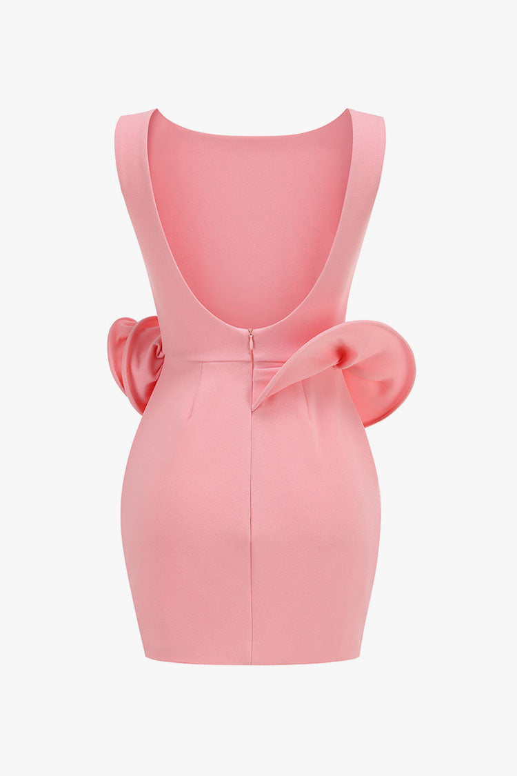 Artistic Crew Neck Backless Rosette Peplum Crepe Party Mini Dress
