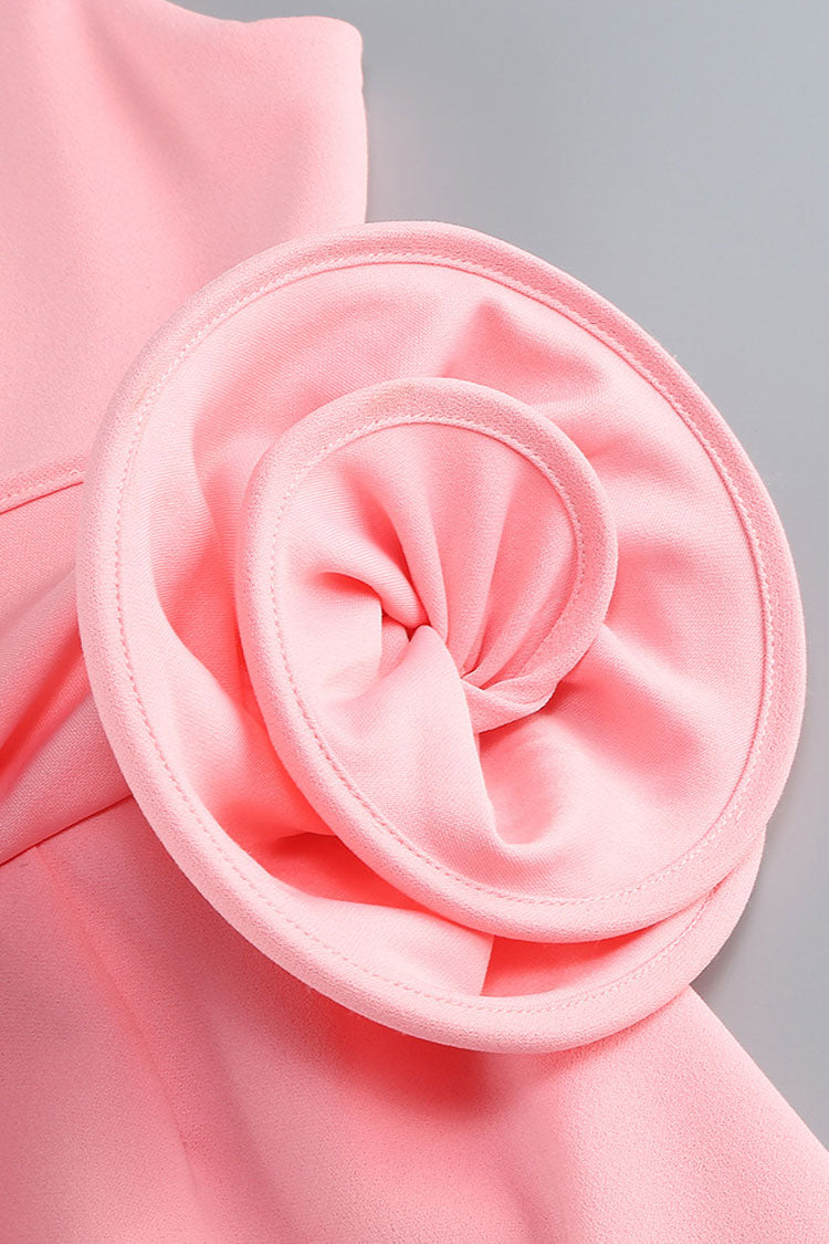 Artistic Crew Neck Backless Rosette Peplum Crepe Party Mini Dress