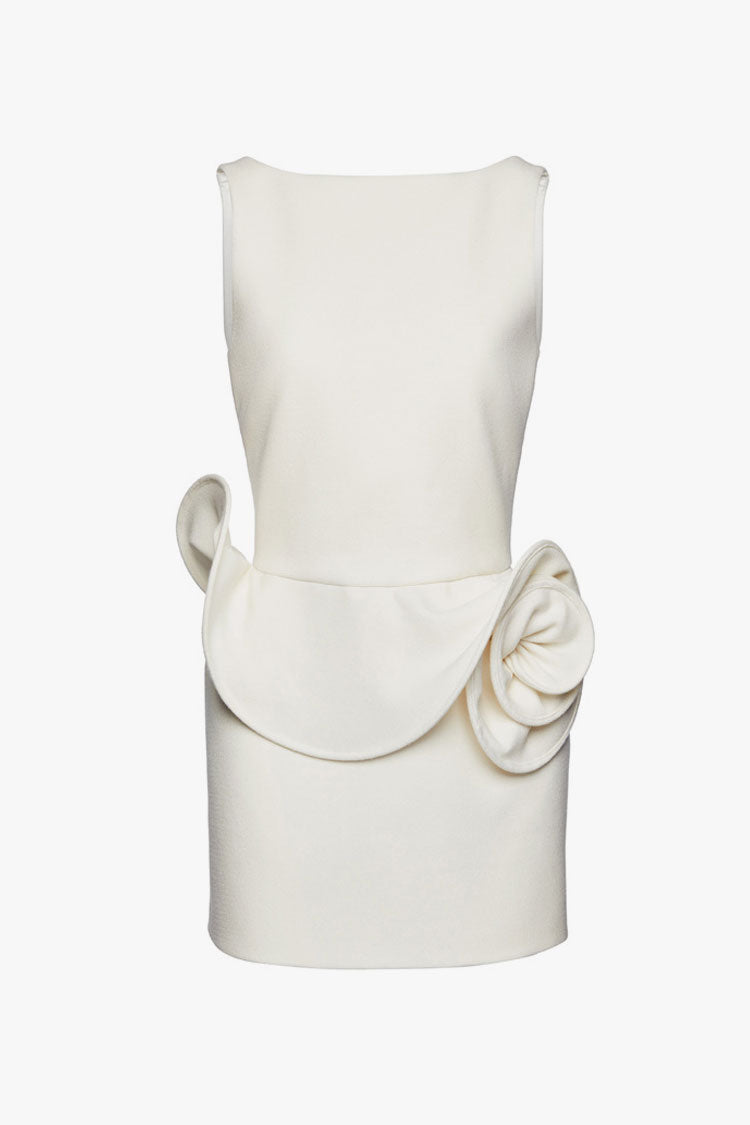 Artistic Crew Neck Backless Rosette Peplum Crepe Party Mini Dress