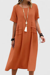 Short Sleeve Pocket Linen Look Midi Dress