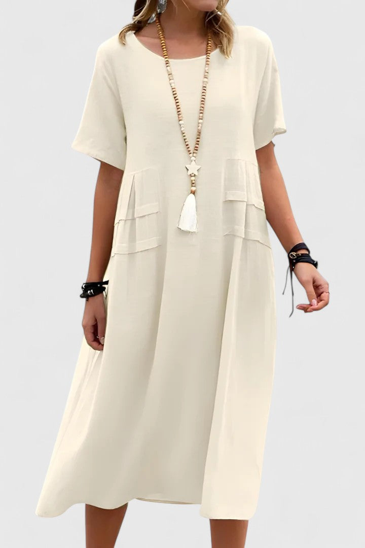 Short Sleeve Pocket Linen Look Midi Dress 2