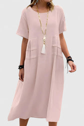 Short Sleeve Pocket Linen Look Midi Dress 4