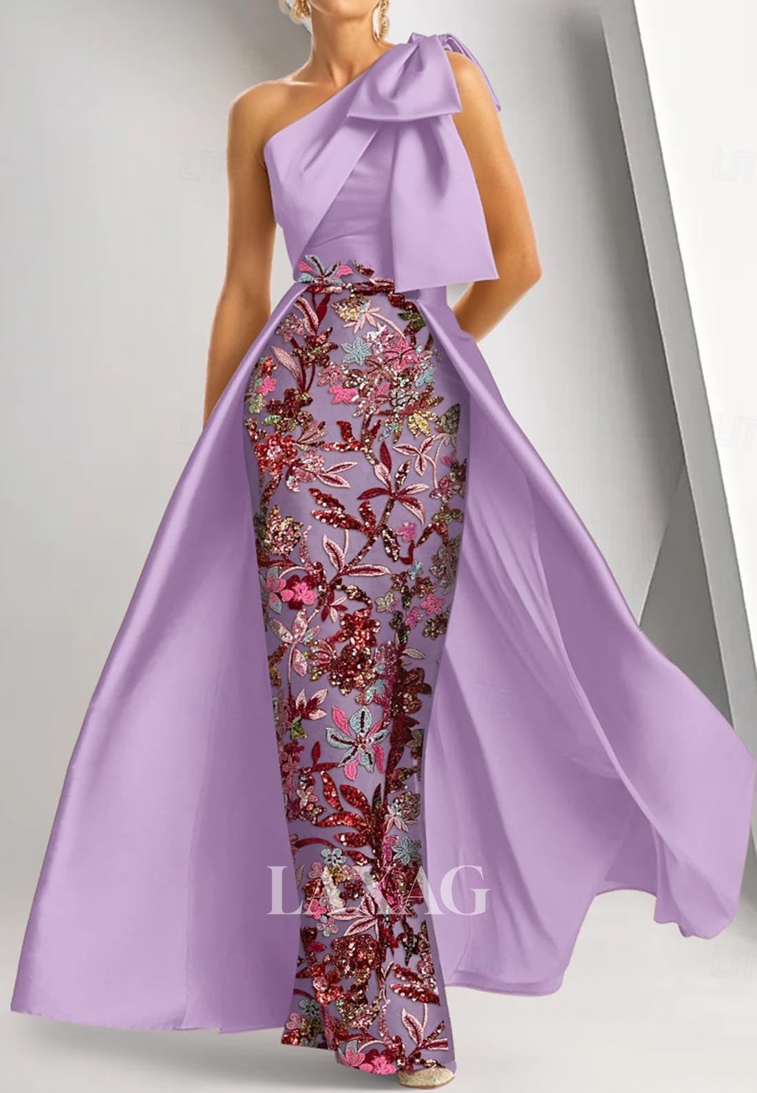 Sleeveless Asymmetrical-Neck Mermaid Evening Dress Sequined Embroidered Floor-Length Formal Gowns
