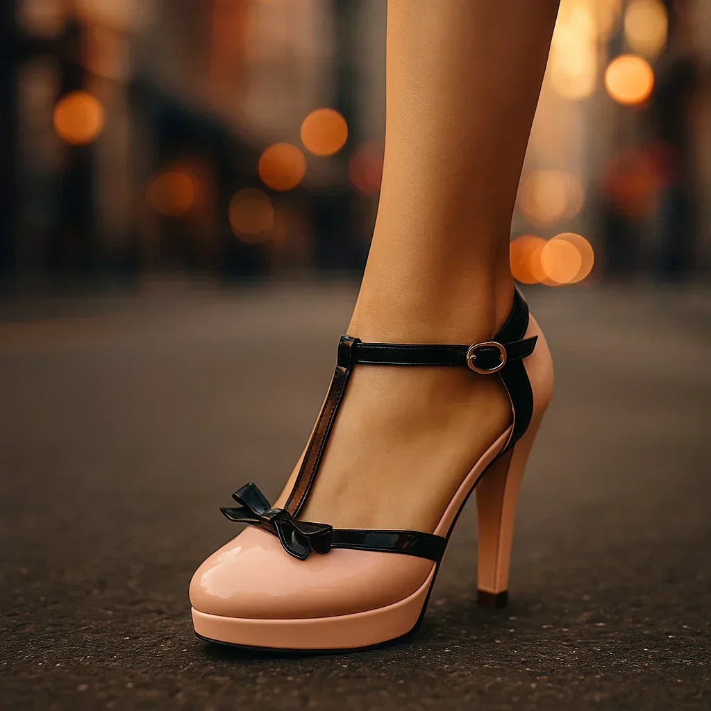 Round Toe Bow T-Strap Platform Block Heel Pumps