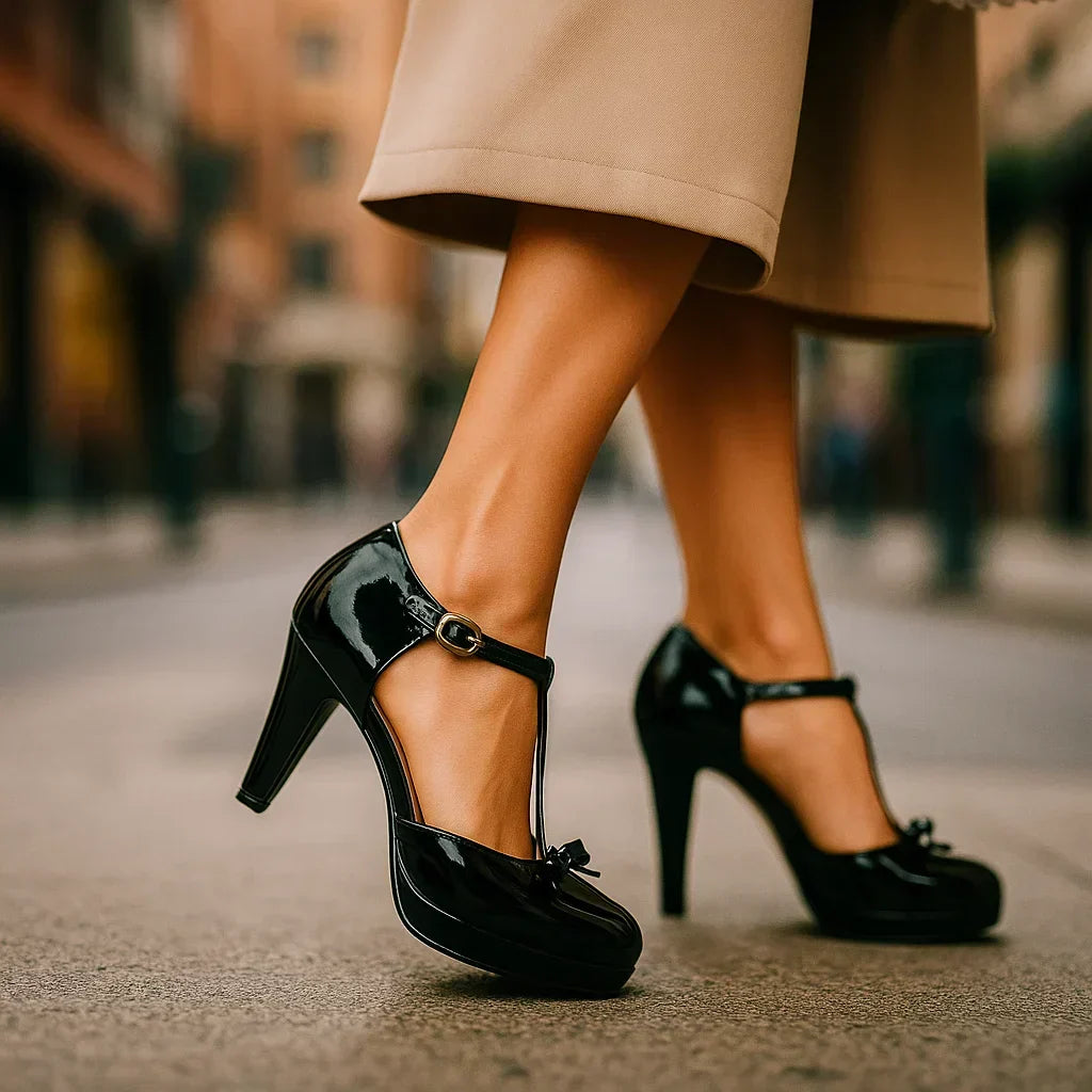 Round Toe Bow T-Strap Platform Block Heel Pumps