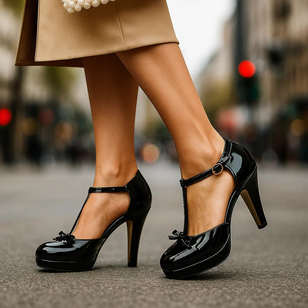 Round Toe Bow T-Strap Platform Block Heel Pumps