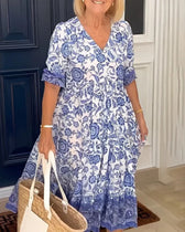 Border Floral V-Neck Short Sleeve Tiered Midi Dress 2
