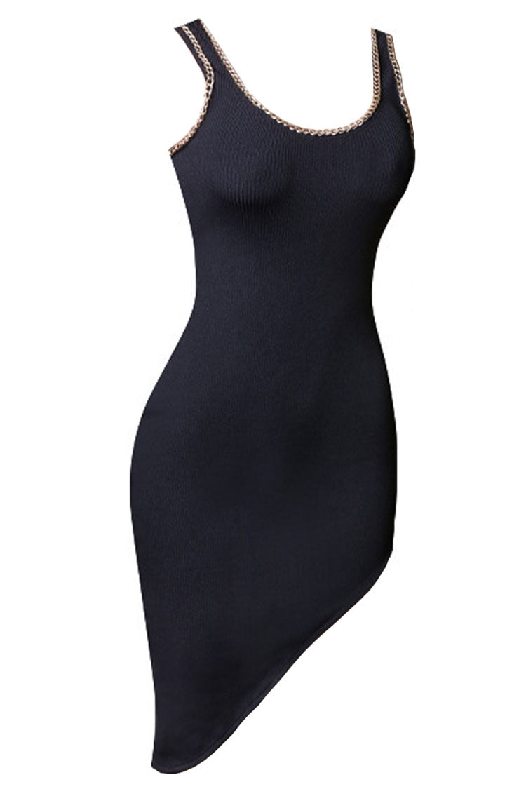 Ribbed Scoop Neck Chain Trim Shoulder Strap Bandage Bodycon Mini Party Dress