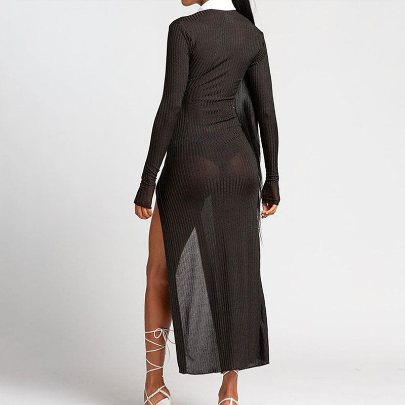 Contrast Collar Button Front High Split Sheer Ribbed Knit Maxi Dress 2