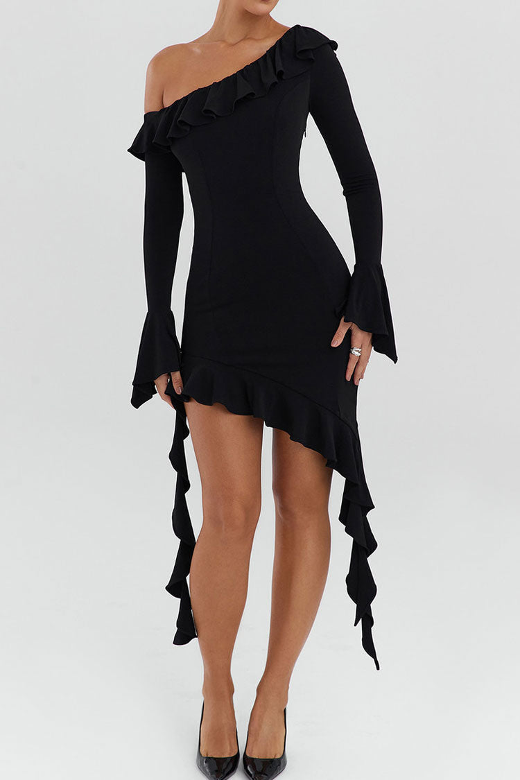Asymmetric Draped Ruffle One Shoulder Bell Sleeve Bodycon Party Mini Dress