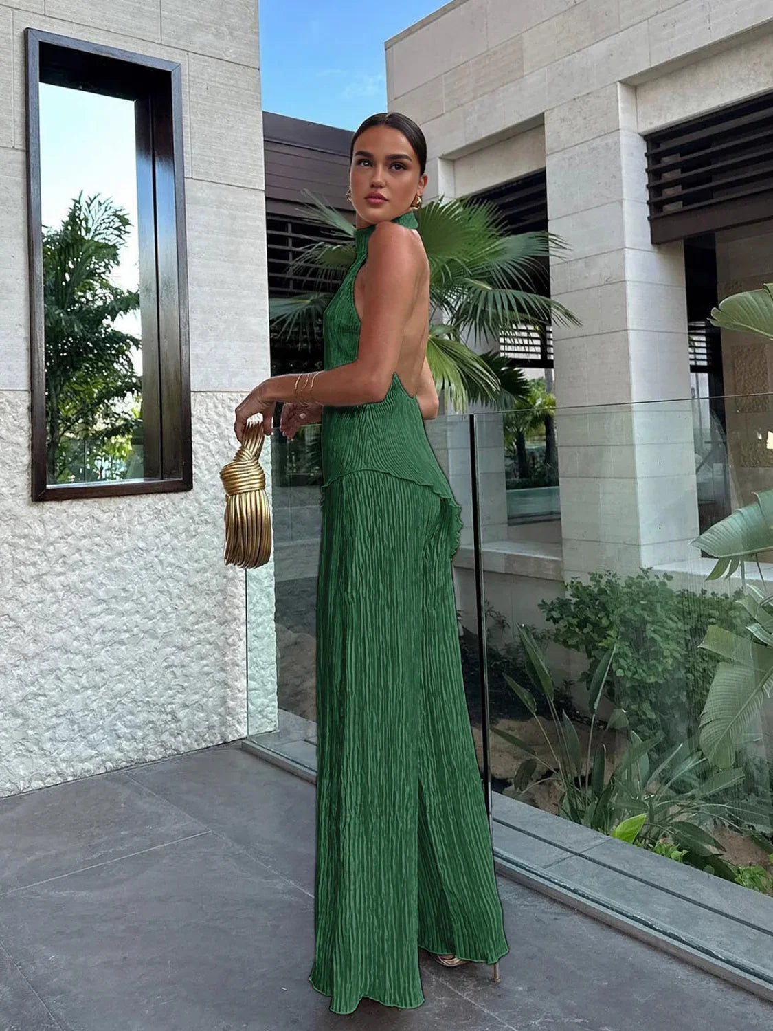 Asymmetric Halter Crop Top With Wide Leg Pants Set Dark Green / XS Pant Sets