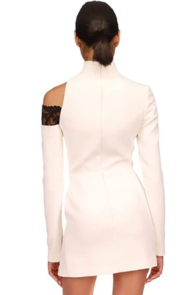 Asymmetric High Neck Lace Trim Cutout Long Sleeve Bandage Mini Dress - White 4
