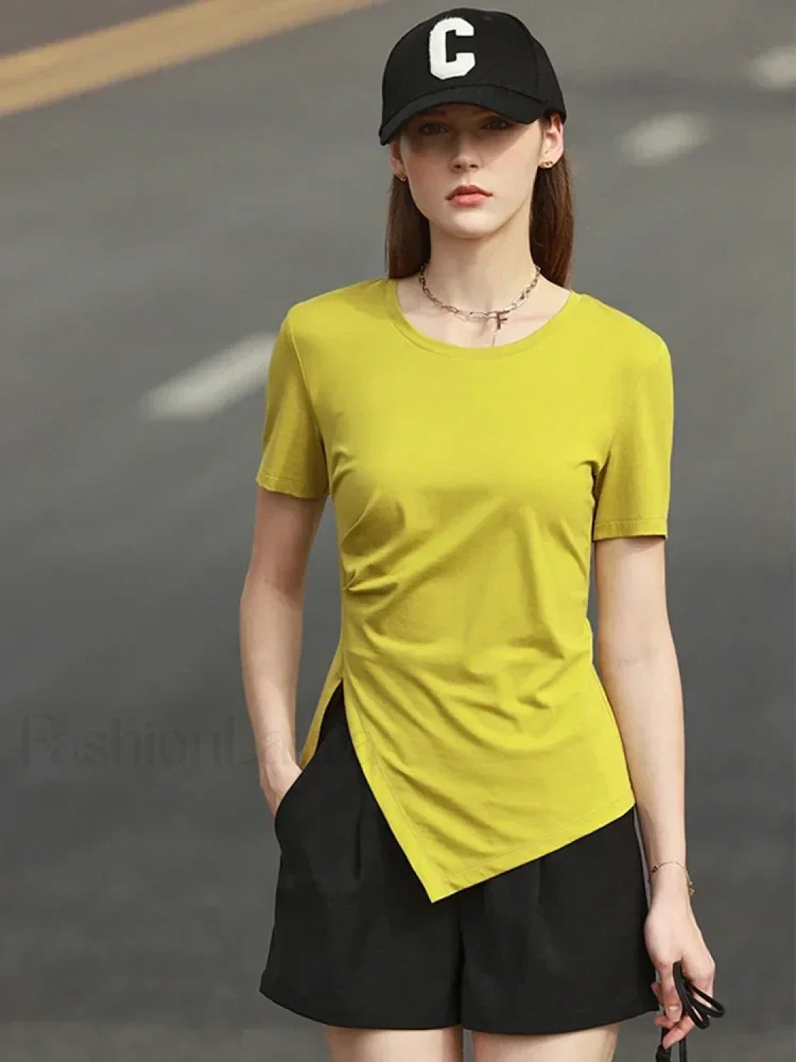 Asymmetric Neck Solid T-Shirt