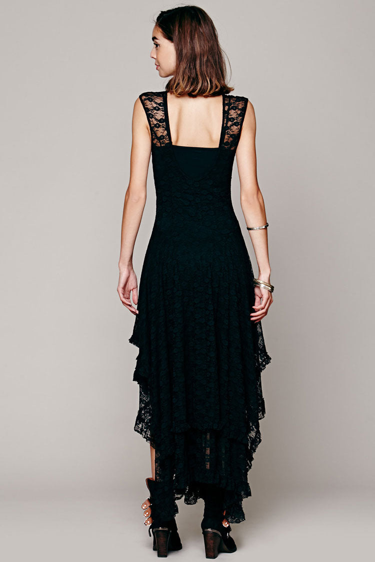 Asymmetric Tiered Ruffle Sleeveless Maxi Lace Dress - Black 2