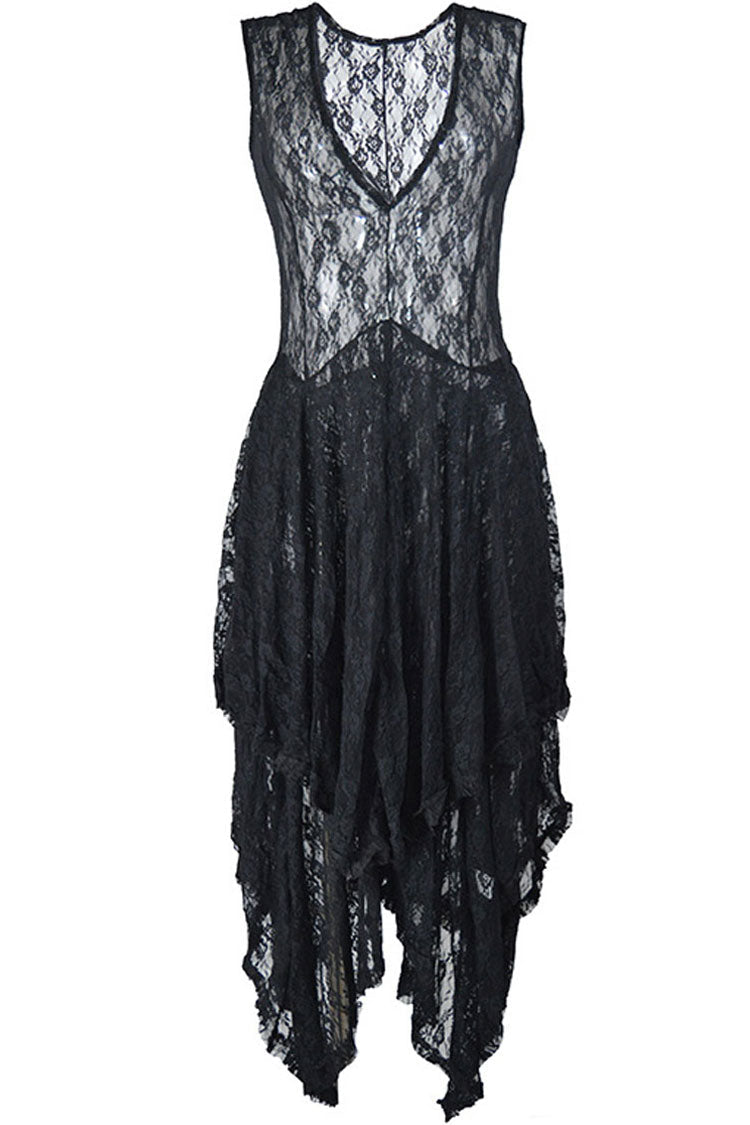 Asymmetric Tiered Ruffle Sleeveless Maxi Lace Dress - Black 3