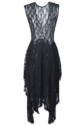 Asymmetric Tiered Ruffle Sleeveless Maxi Lace Dress - Black 4