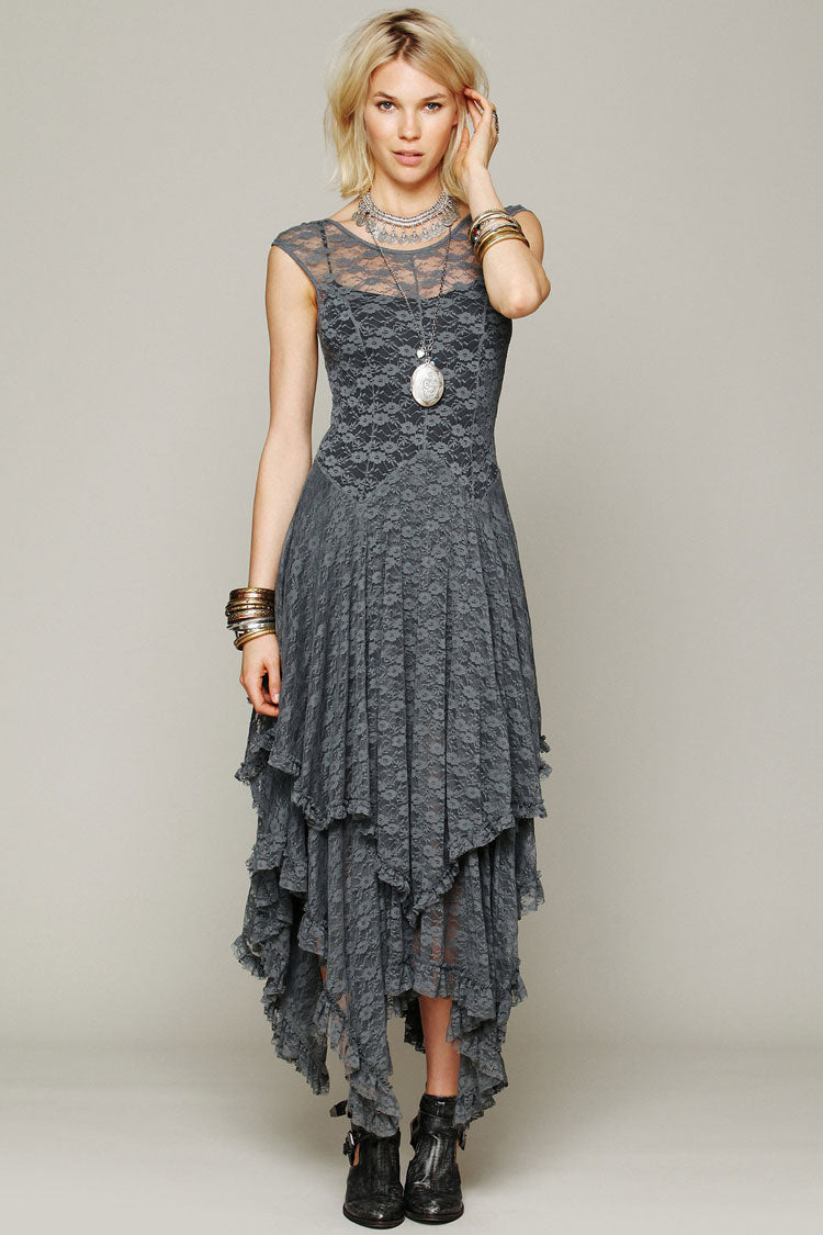 Sheer Lace Cap Sleeve Tiered Ruffle Handkerchief Hem Maxi Dress