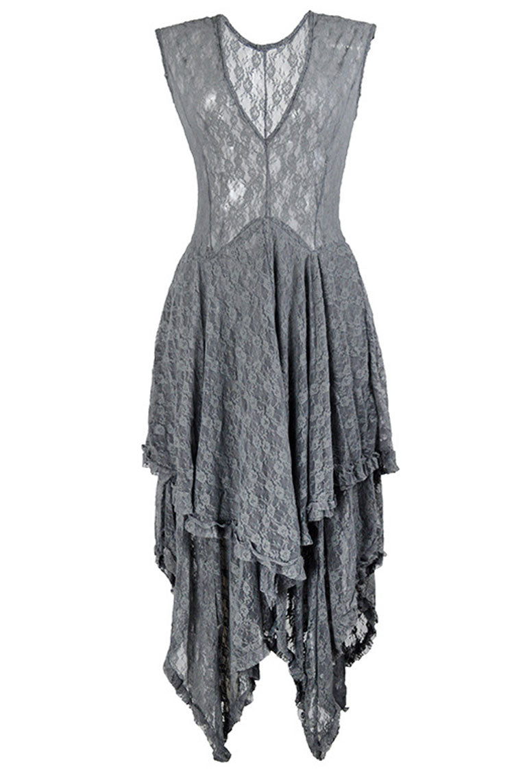 Asymmetric Tiered Ruffle Sleeveless Maxi Lace Dress - Gray 3