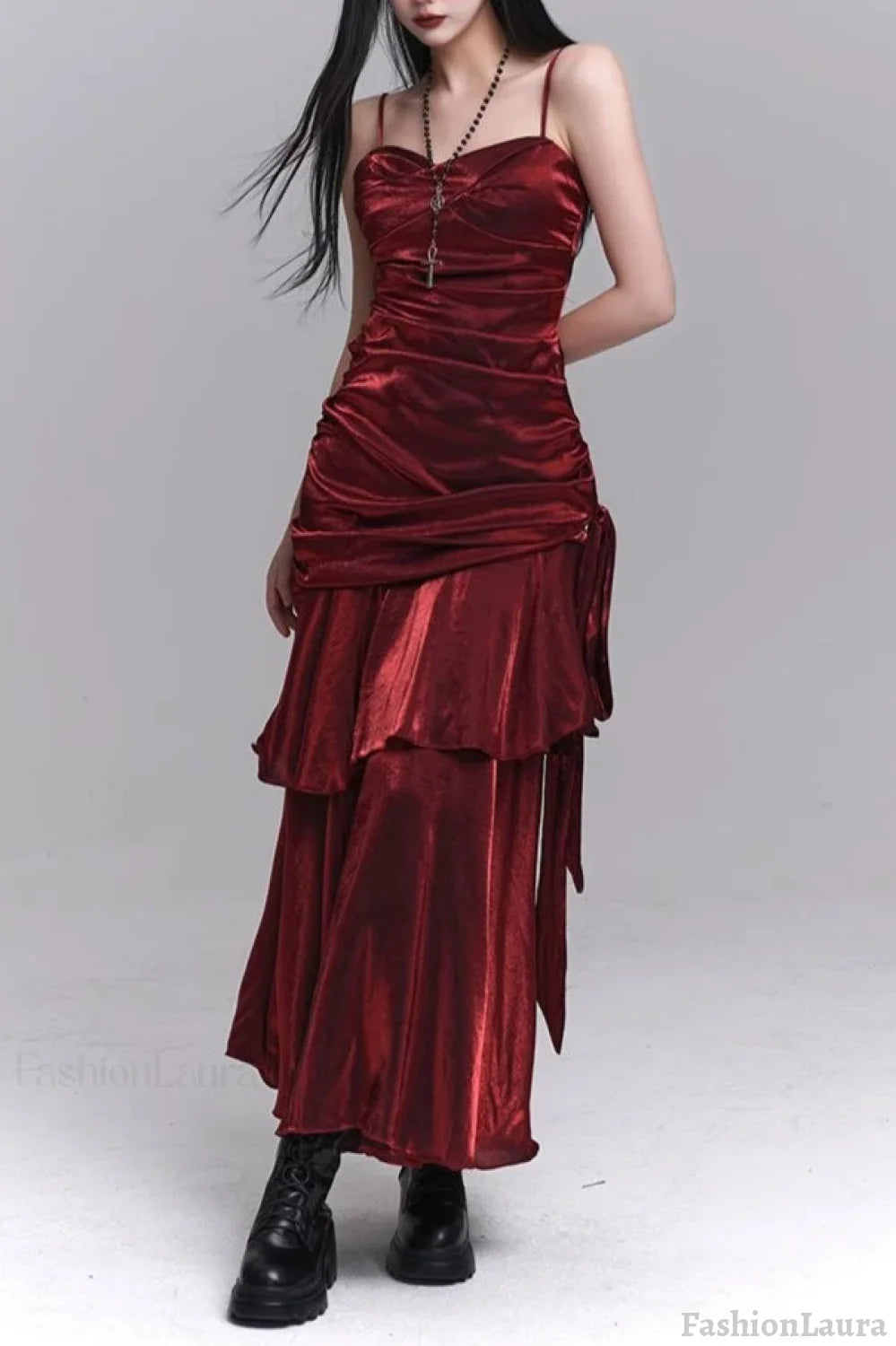 Asymmetrical Burgundy Ruffled Cami Party Dress