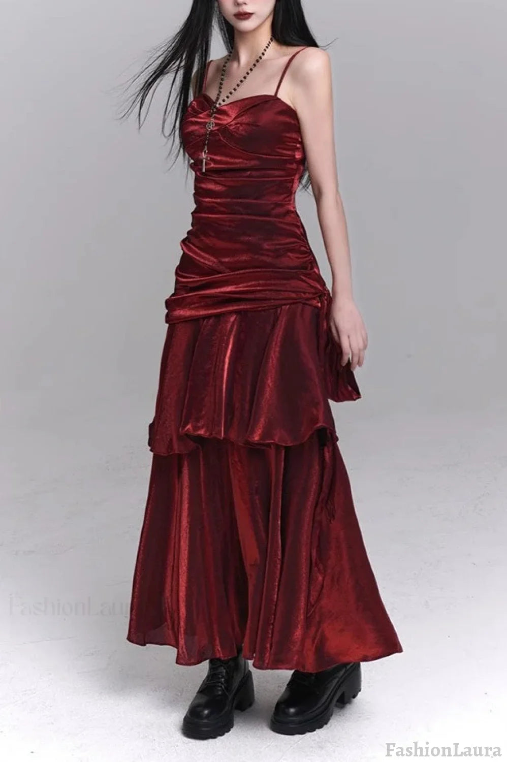 Asymmetrical Burgundy Ruffled Cami Party Dress