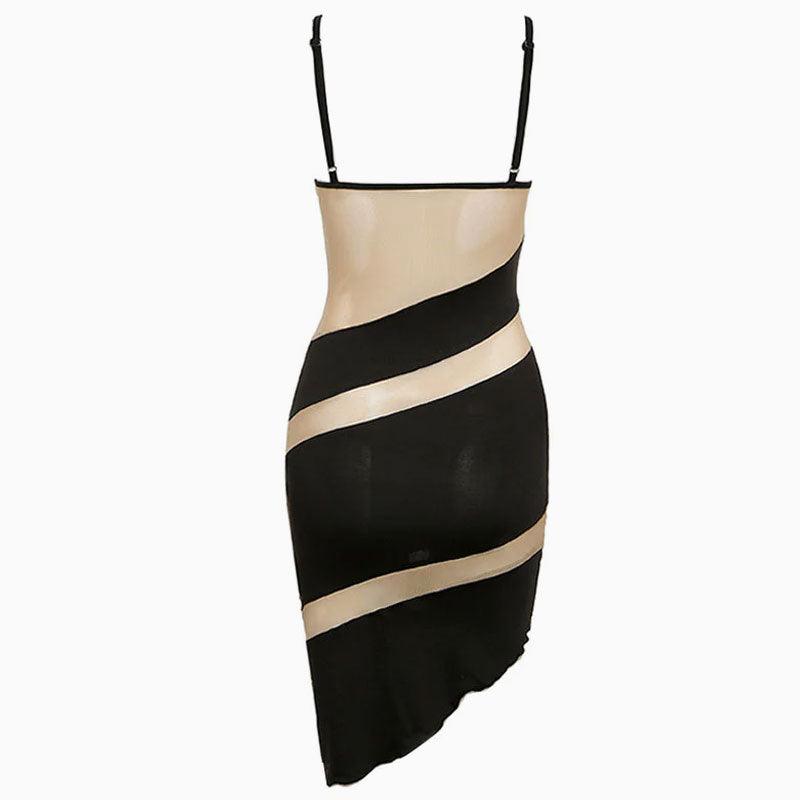 Underwire Bustier Sheer Mesh Stripe Panel Asymmetric Hem Midi Dress 4