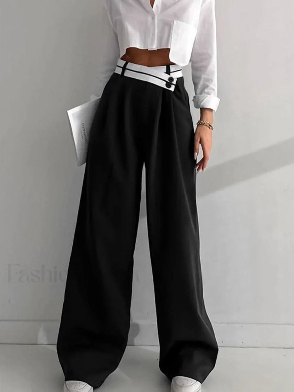 Asymmetrical Contrast Waistband Wide Leg Dress Pants Black / XS Pants