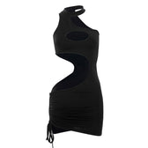 Cutout Tie Strap Trendy Knit Mini Dress L / Black Party Dresses-L