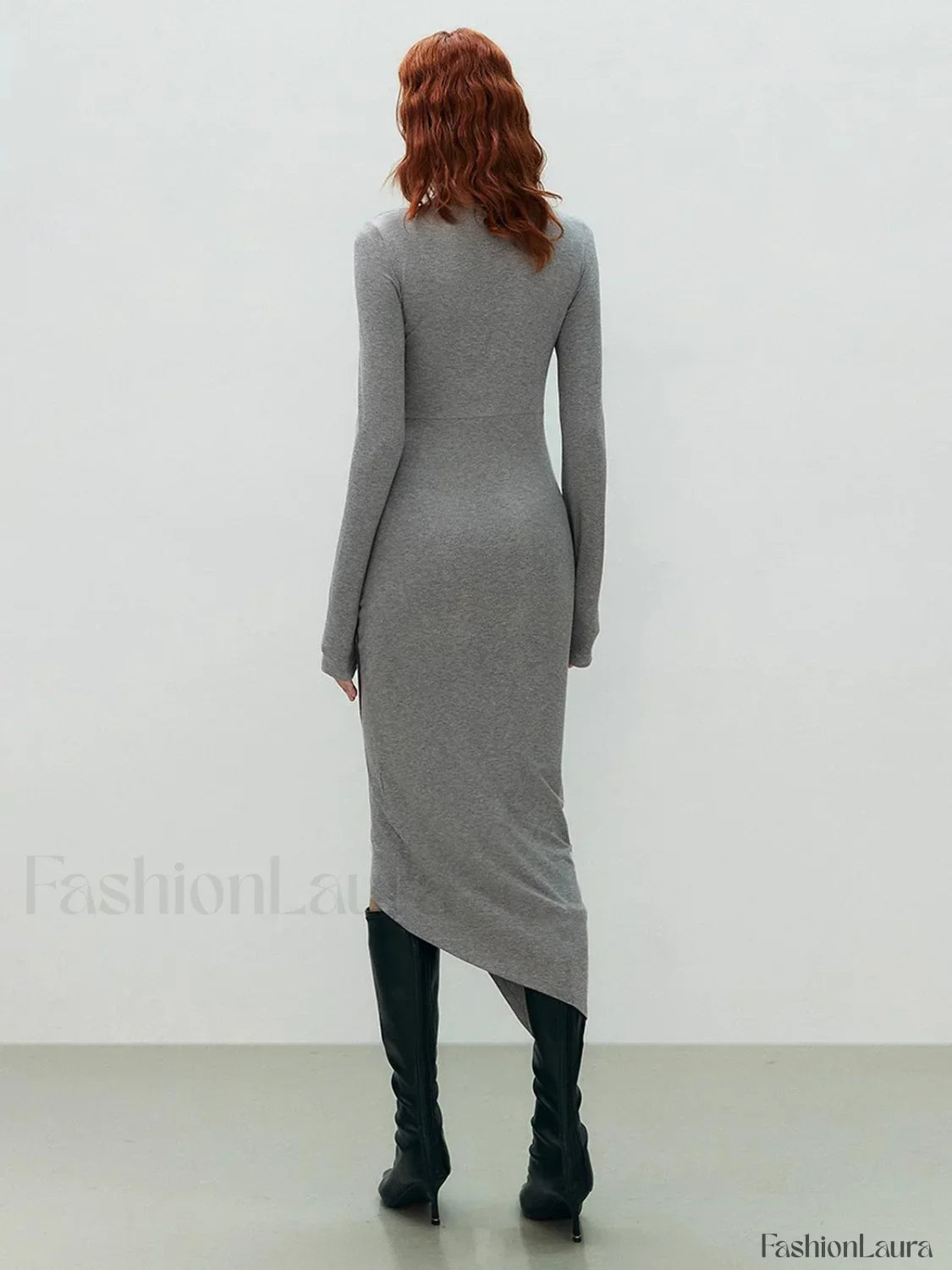 Asymmetrical Draped Cutout Crew Neck Classic Long Sleeve Midi Knit Dress