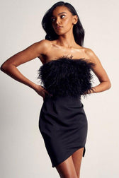 Asymmetrical Faux Feather Trim Cutout Back Strapless Party Mini Dress - Black 2