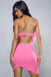 Asymmetrical Faux Feather Trim Cutout Back Strapless Party Mini Dress - Rose 3