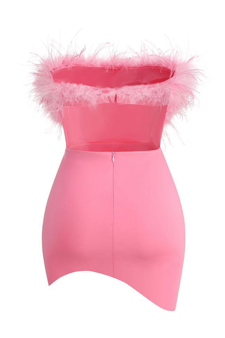 Asymmetrical Faux Feather Trim Cutout Back Strapless Party Mini Dress - Rose 5