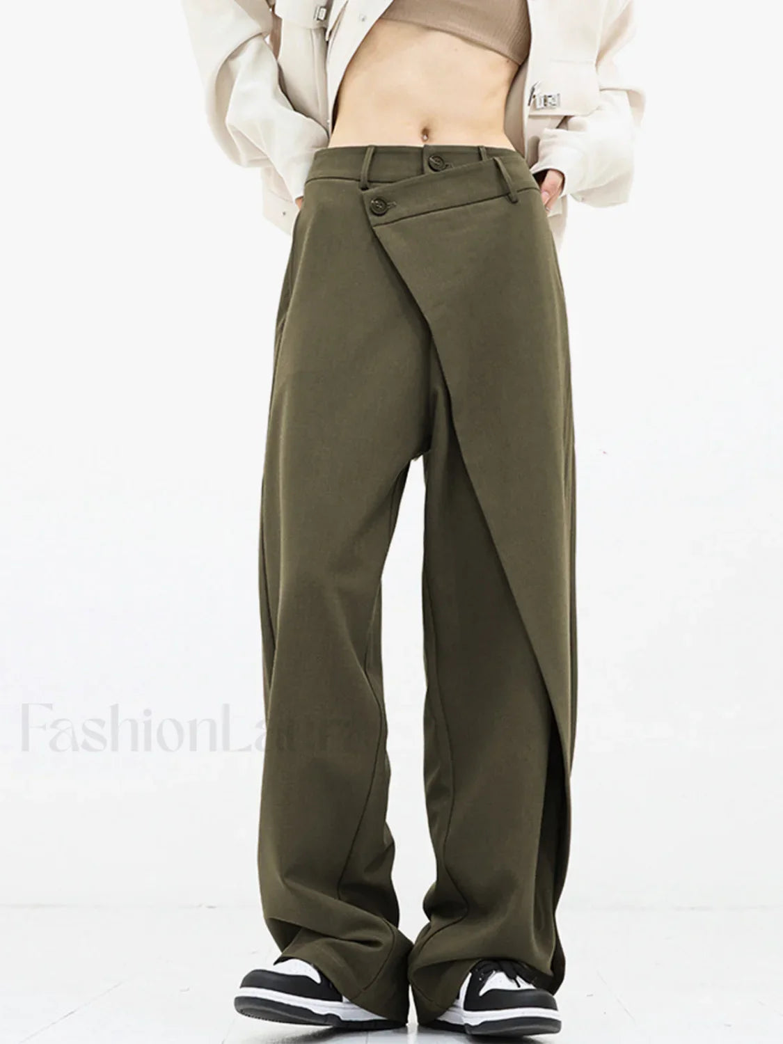 Asymmetrical Layer Button Trendy Wide Leg Dress Pants ArmyGreen / XS Pants