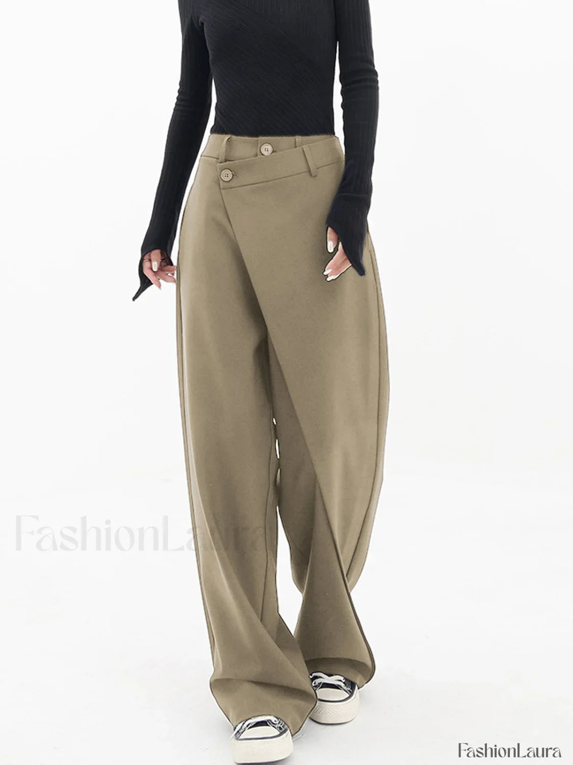 Asymmetrical Layer Button Trendy Wide Leg Dress Pants