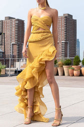 Asymmetrical Layered Ruffle Braided Maxi Evening Dress - Yellow