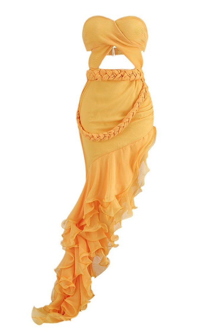 Asymmetrical Layered Ruffle Braided Maxi Evening Dress - Yellow - View 2