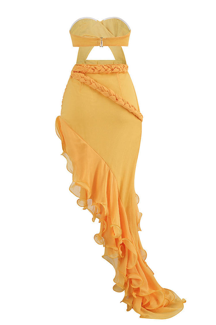 Asymmetrical Layered Ruffle Braided Maxi Evening Dress - Yellow - View 3