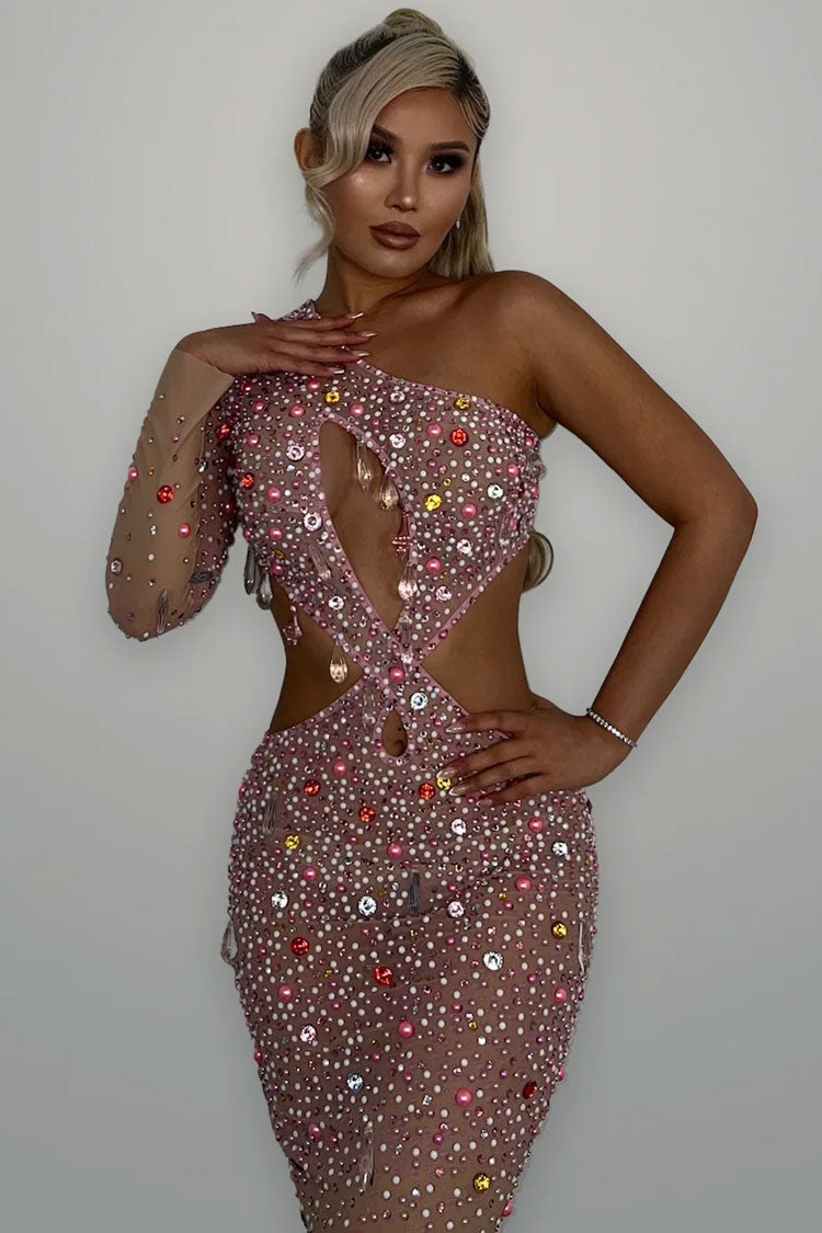 Asymmetrical Neck One Sleeve Cutout Mesh Rhinestone Evening Maxi Dress - Pink 3