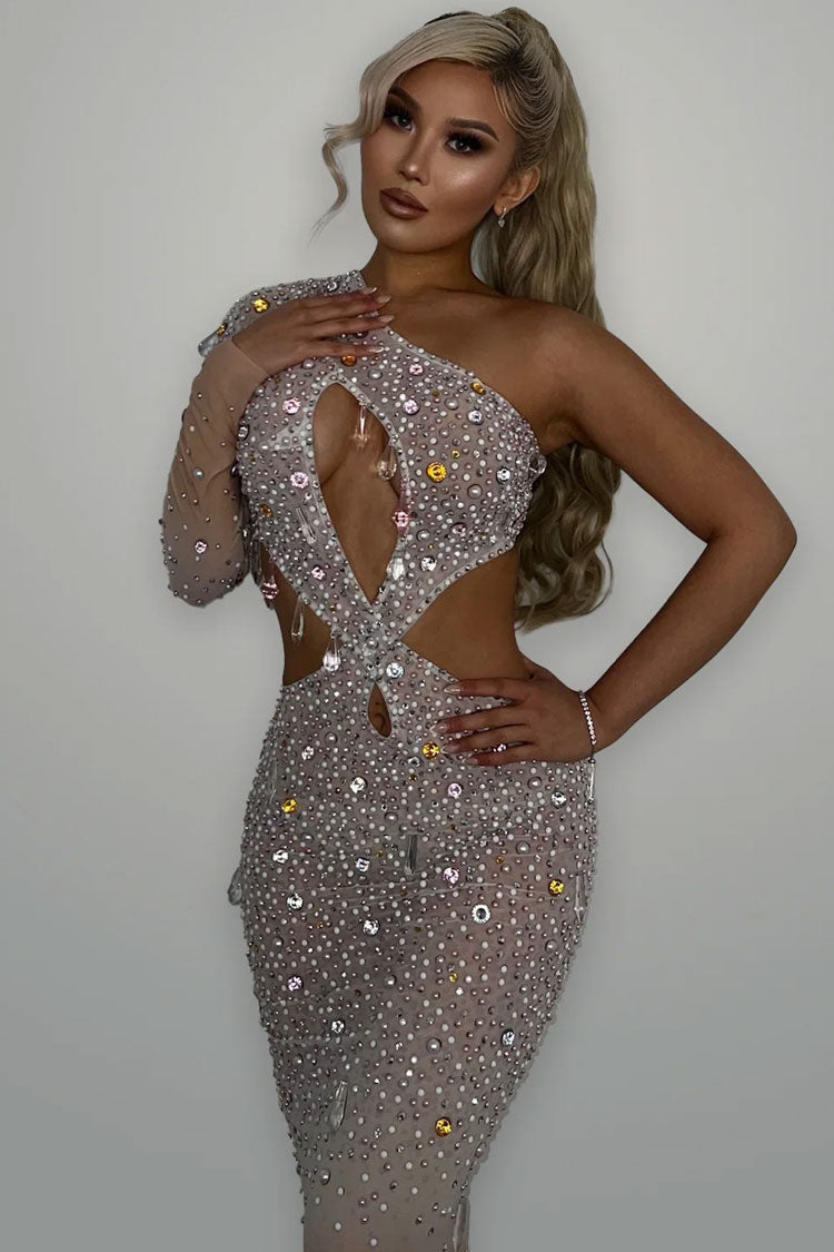 Asymmetrical Neck One Sleeve Cutout Mesh Rhinestone Evening Maxi Dress - White 5