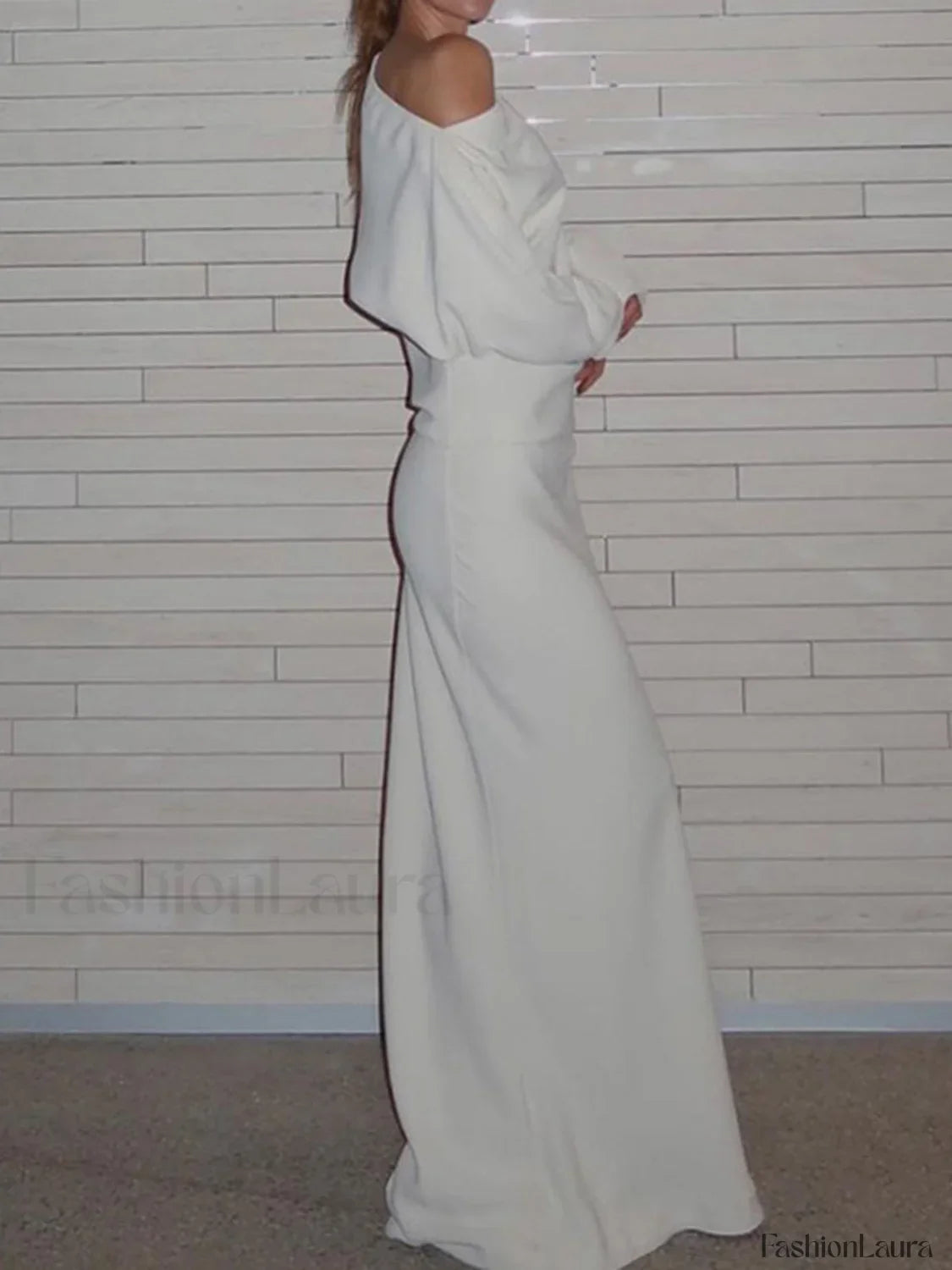 Asymmetrical Off Shoulder Solid Modern Long Sleeve Maxi Dress