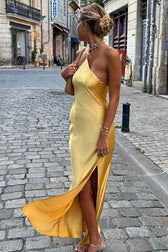 Asymmetrical One Shoulder Backless Midi Dress - Muted Yellow