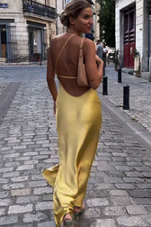 Asymmetrical One Shoulder Backless Midi Dress - Muted Yellow - View 2