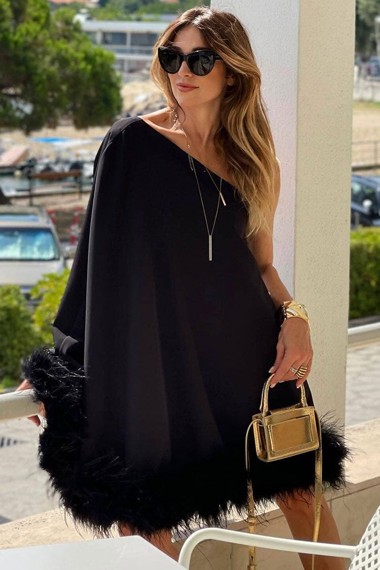 One Shoulder Cape Sleeve Feather Trim Hem Loose Mini Dress