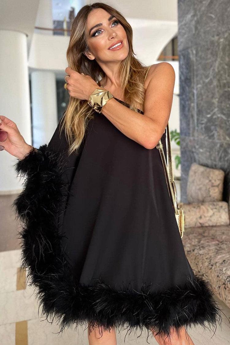 Asymmetrical One Shoulder Feather Trim A Line Party Mini Dress - Black 2